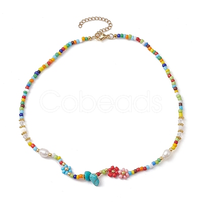 Flower Glass Seed & Pearl Beaded Necklaces NJEW-JN04677-01-1