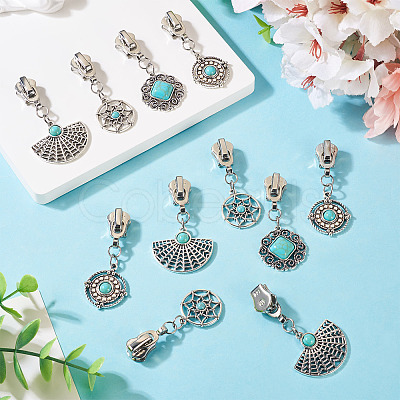 16Pcs 4 Styles Alloy with Synthetic Turquoise Zipper Pulls HJEW-TAC0098-1