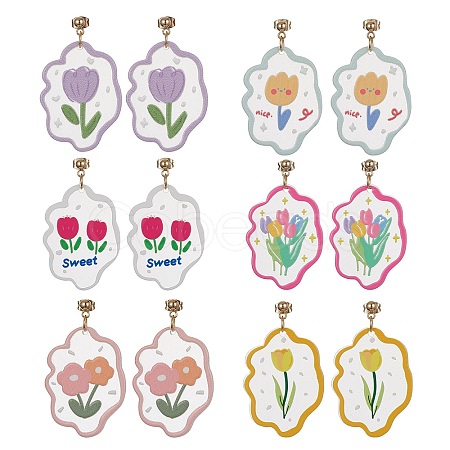 6 Pair 6 Style Acrylic Flower Dangle Stud Earrings EJEW-JE05471-1