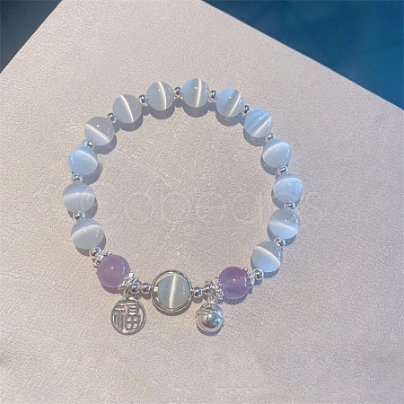 Bell Alloy & Cat Eye & Natural Amethyst Round Beaded Lucky Charm Bracelets for Women WG9D4EC-06-1