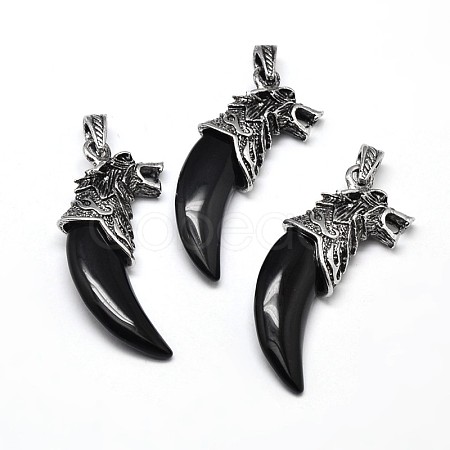 Tusk Shape with Wolf Antique Silver Zinc Alloy Natural Dyed & Heated Black Agate Big Pendants X-G-F228-63B-FF-1
