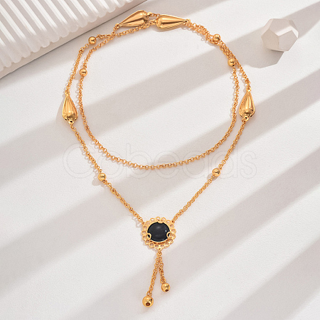 Vintage Classic Elegant Brass Pave Natural Black Onyx(Dyed & Heated) Fashion European Flower Lariat Necklaces YP1848-4-1