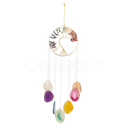 Chakra Flat Round with Tree of Life Wire Wrapped Wind Chimes HJEW-H054-01-1