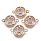 Glass Links connectors, with Light Gold Plated Alloy Findings, Flat Round with Tortoise, Pearl Pink, 13.5x19.5x5.5mm, Hole: 1.6mm