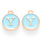 Golden Plated Alloy Enamel Charms, Cadmium Free & Lead Free, Enamelled Sequins, Flat Round with Letter, Sky Blue, Letter.Y, 14x12x2mm, Hole: 1.5mm