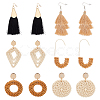 6 Pairs 6 Style Donut & Kite & Flat Round & Arch Rattan Dangle Stud Earrings EJEW-AN0001-28-1