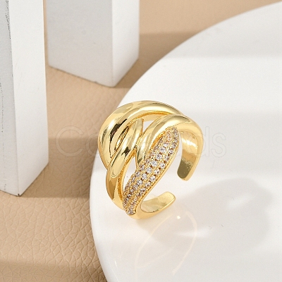 Rack Plating Brass Micro Pave Clear Cubic Zirconia Cuff Finger Rings for Women RJEW-M028-54G-1