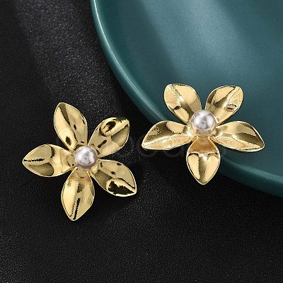 Brass ABS Plastic Imitation Pearl Flower Stud Earrings EJEW-S258-02G-1