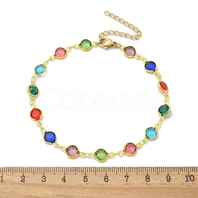 304 Stainless Steel Flat Round Acrylic Rhinestone Cup Chain Anklets for Women AJEW-B031-02G-02-1