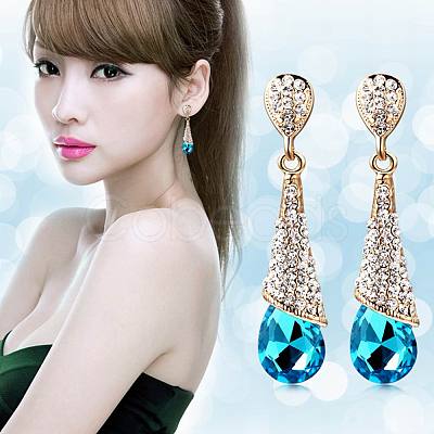 Real 18K Gold Plated Brass Rhinestone Teardrop Stud Earrings EJEW-EE0001-232C-1