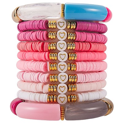10Pcs 10 Style Handmade Polymer Clay Heishi Beaded Stretch Bracelets Set with Heart BJEW-SW00036-02-1