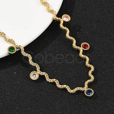 304 Stainless Steel Rope Chain Colorful Cubic Zirconia Tassel Necklaces for Women NJEW-V015-01G-D-1