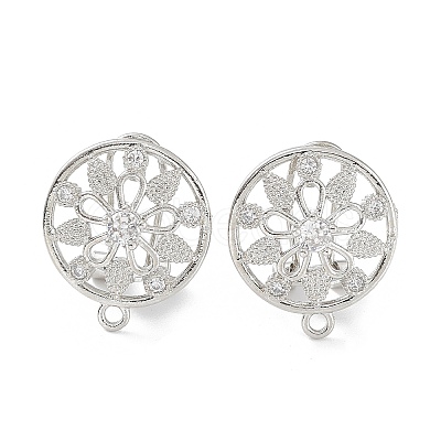 Hollow Flower Brass Micro Pave Cubic Zirconia Stud Earrings Finding KK-E083-09P-1