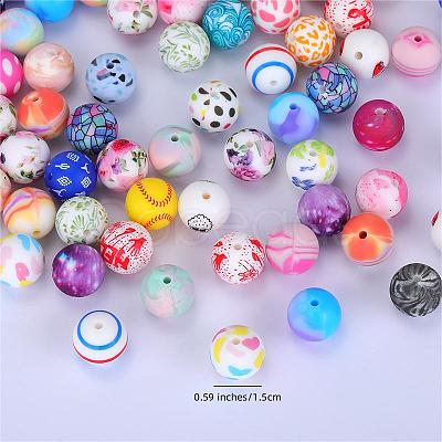 Christmas Printed Round with Christmas Tree Pattern Silicone Focal Beads SI-JX0056A-122-1