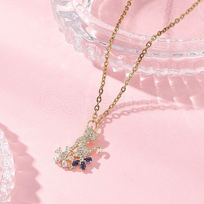 Cat with Flower Brass Pave Blue and Clear Cubic Zirconia Pendant 304 Stainless Steel Cable Chain Necklaces for Women NJEW-JN05715-1