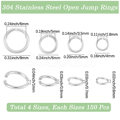 600Pcs 4 Styles 304 Stainless Steel Open Jump Rings STAS-BBC0010-03-1