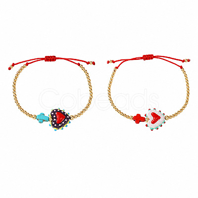 2Pcs 2 Colors Dyed Synthetic Turquoise Cross and Glass Heart Braided Bead Bracelets for Women PE0777-17-1