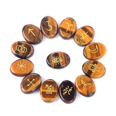 Oval Natural Tiger Eye Rune Stones PW-WG22365-07-1