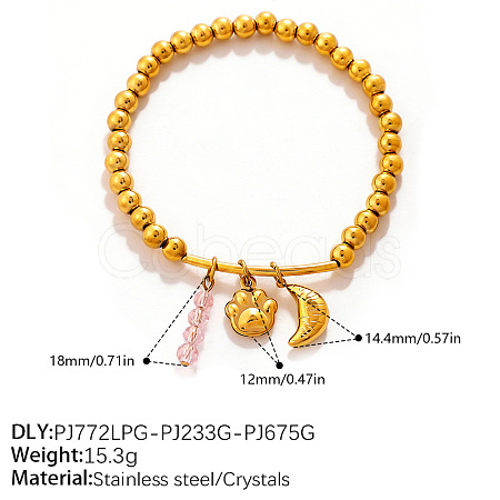 304 Stainless Steel and Pink Glass Charm Round Beaded Stretch Bracelets for Women WGE1DD1-02-1