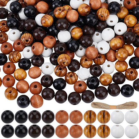 200Pcs 4 Colors Spray Painted Round Natural Schima Wood Beads WOOD-PA0001-73D-1