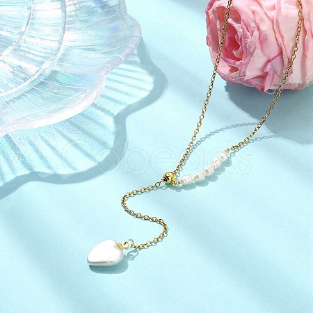 Adjustable Natural Baroque Keshi Pearl Heart Pendant 304 Stainless Steel Cable Chain Y Shaped Lariat Necklaces for Women NJEW-JN06095-1