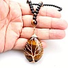 Natural Tiger Eye Copper Wire Wrapped Tree of Life Teardrop Pendant Black Round Beaded Necklaces for Men EF1555-4