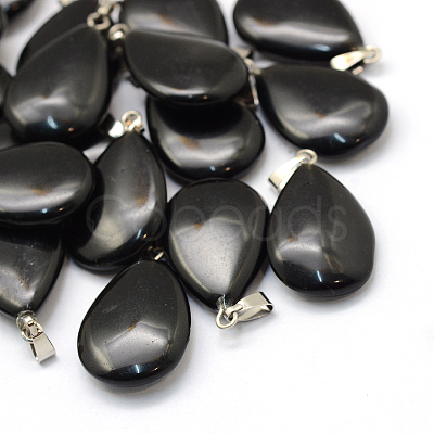 Teardrop Natural Black Stone Pendants G-Q368-13-1
