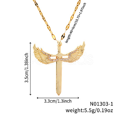 Brass Clear Cubic Zirconia 3D Cute Wing Sword Pendant Necklaces for Daily Wear GF5627-1-1