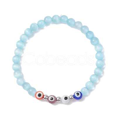 Cat Eye & Handmade Evil Eye Lampwork Round Beaded Stretch Bracelets for Women BJEW-JB12289-01-1