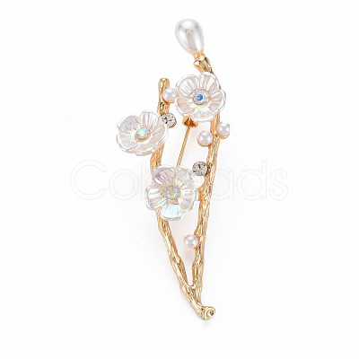 Plum Blossom with Branch Resin Brooch with Imitation Pearl JEWB-N007-023LG-FF-1