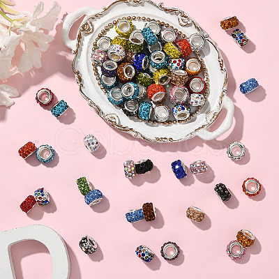 80Pcs Polymer Clay Rhinestone European Large Hole Beads with Silver Color Plated Brass Cores FPDL-LT0001-02F-1