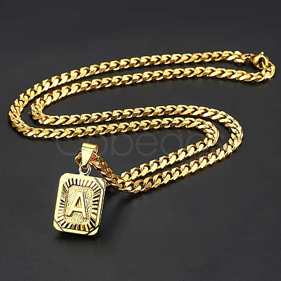 Rectangle with Letter Pattern 304 Stainless Steel Pendant Necklaces FS-WGFC766-09-1