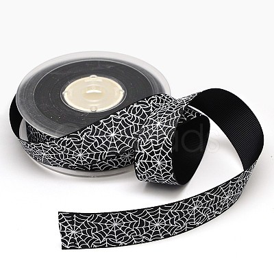 Halloween Ornaments Spider Web Pattern Printed Grosgrain Ribbons SRIB-L005-25mm-02-1