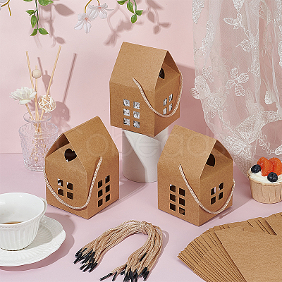 50 Bags House Shaped Paper Folding Candy Tote Boxes with Hollow Window and Rope Handles CON-BC0007-76B-1