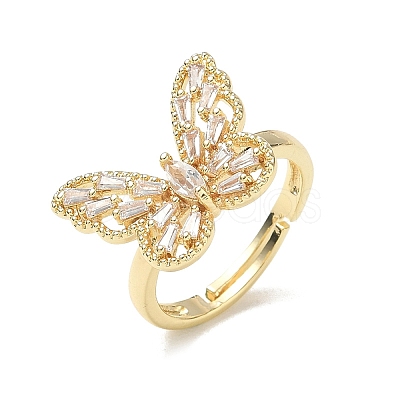 Adjustable Brass Butterfly Finger Rings with Clear Cubic Zirconia CU-CBA7E55-18G-01-1