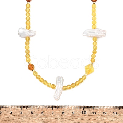 Natural Baroque Keshi Pearl Stick & Natural Amber Round Rhombus Beaded Necklaces with OT Clasps for Women NJEW-JN06088-1