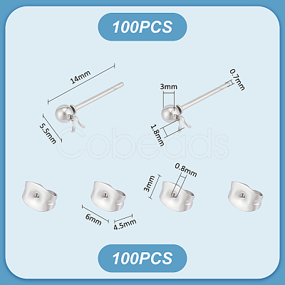100Pcs 304 Stainless Steel Ball Post Stud Earring Findings STAS-UN0056-35-1