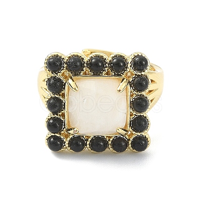 Synthetic Moonstone & Natural Black Agate Gemstone Rectangle Adjustable Ring RJEW-B030-01A-04-1
