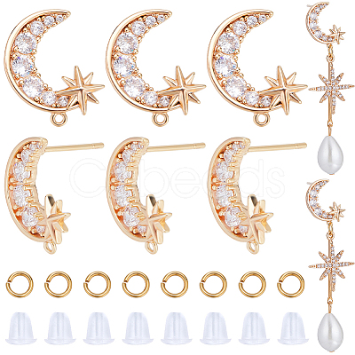 6Pcs Brass Pave Clear Cubic Zirconia Moon with Star Stud Earring Findings DIY-CN0002-74-1
