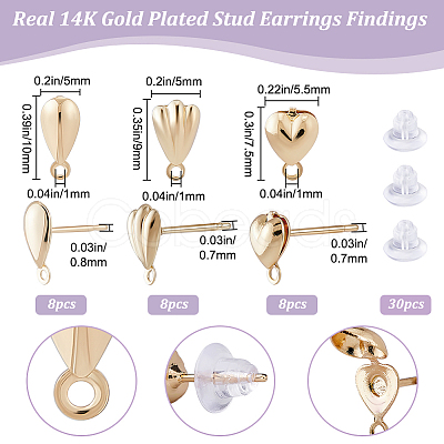 24Pcs 3 Style Teardrop & Shell & Heart Alloy Stud Earrings Findings FIND-BBC0002-76-1
