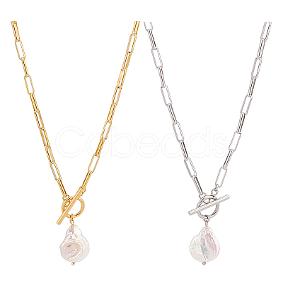 2Pcs 2 Colors Natural Pearl Beaded Pendant Neckaces Set NJEW-AN0001-16-1