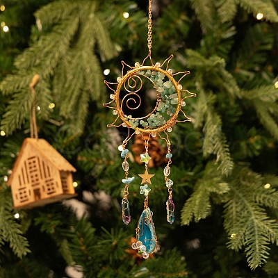 Wire Wrapped Natural Green Aventurine & Metal Sun with Moon Pendant Decorations PW-WG96896-01-1