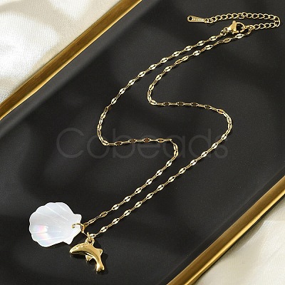 Summer Beach Natural Shell & 304 Stainless Steel Pendant Necklaces for Women NJEW-P323-01A-G-1
