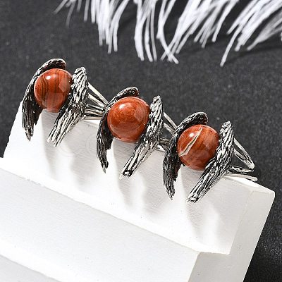 Natural Red Jasper Wings Adjustable Rings RJEW-K241-04AS-10-1
