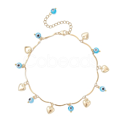 3Pcs 3 Styles Handmade Evil Eye Lampwork & Stainless Steel Moon Heart Leaf Tassel 304 Stainless Steel Curved Bar Link Chain Anklets for Women AJEW-AN00742-1