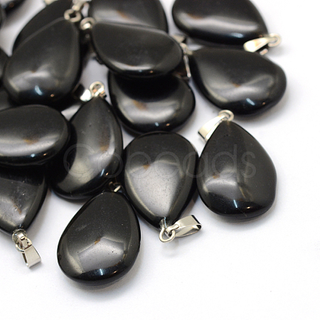 Teardrop Natural Black Stone Pendants G-Q368-13-1