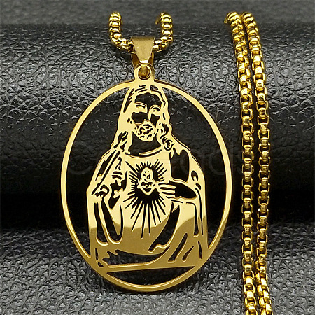 201 Stainless Steel Oval with Hollow Juses Pendant Necklaces NJEW-K283-05G-1