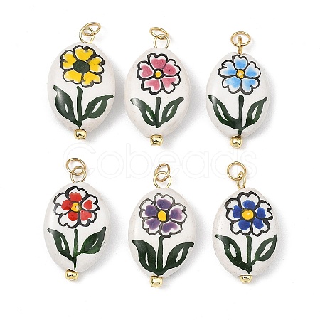 Hand Painted Flower Pattern Oval Porcelain Pendants PALLOY-JF05562-1