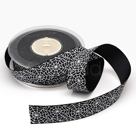 Halloween Ornaments Spider Web Pattern Printed Grosgrain Ribbons SRIB-L005-25mm-02-1