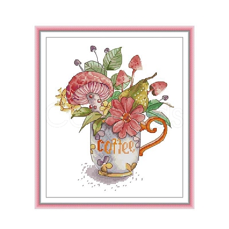 Teacup with Flower Pattern DIY Cross Stitch Beginner Kits DIY-NH0003-02A-1